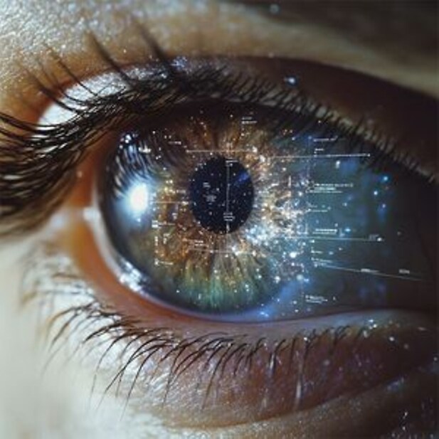 Close-up of human eye with digital data and galaxy reflections, symbolising future technology