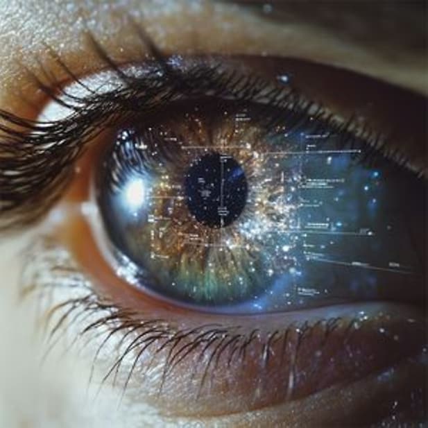 Close-up of human eye with digital data and galaxy reflections, symbolising future technology