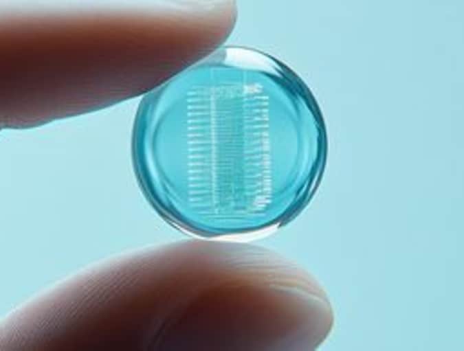 Fingers holding a smart contact lens with embedded digital interface
