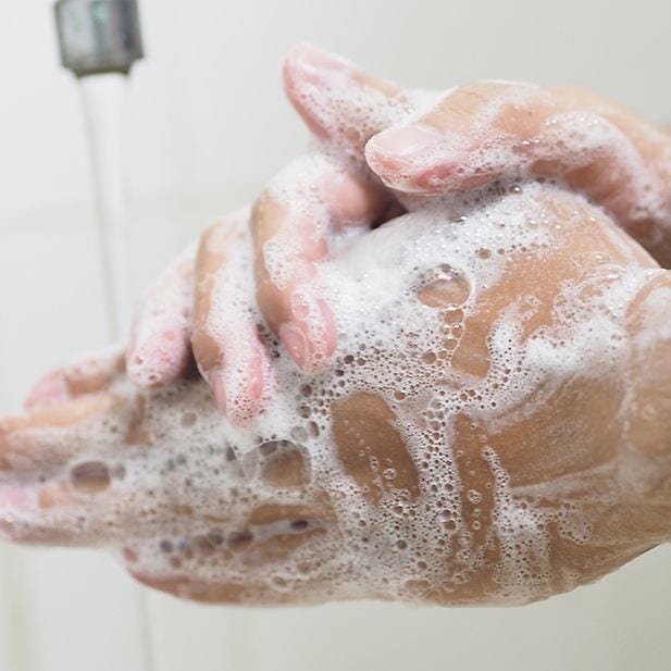 Lathered hands under running tap