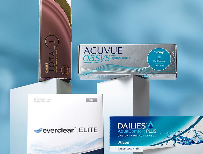 Box of everclear ELITE, Dailies Total 1, Acuvue oasys, and Dailies Aquacomfort Plus contact lenses