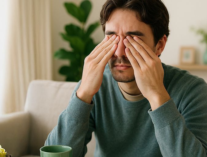 man rubs his eyes