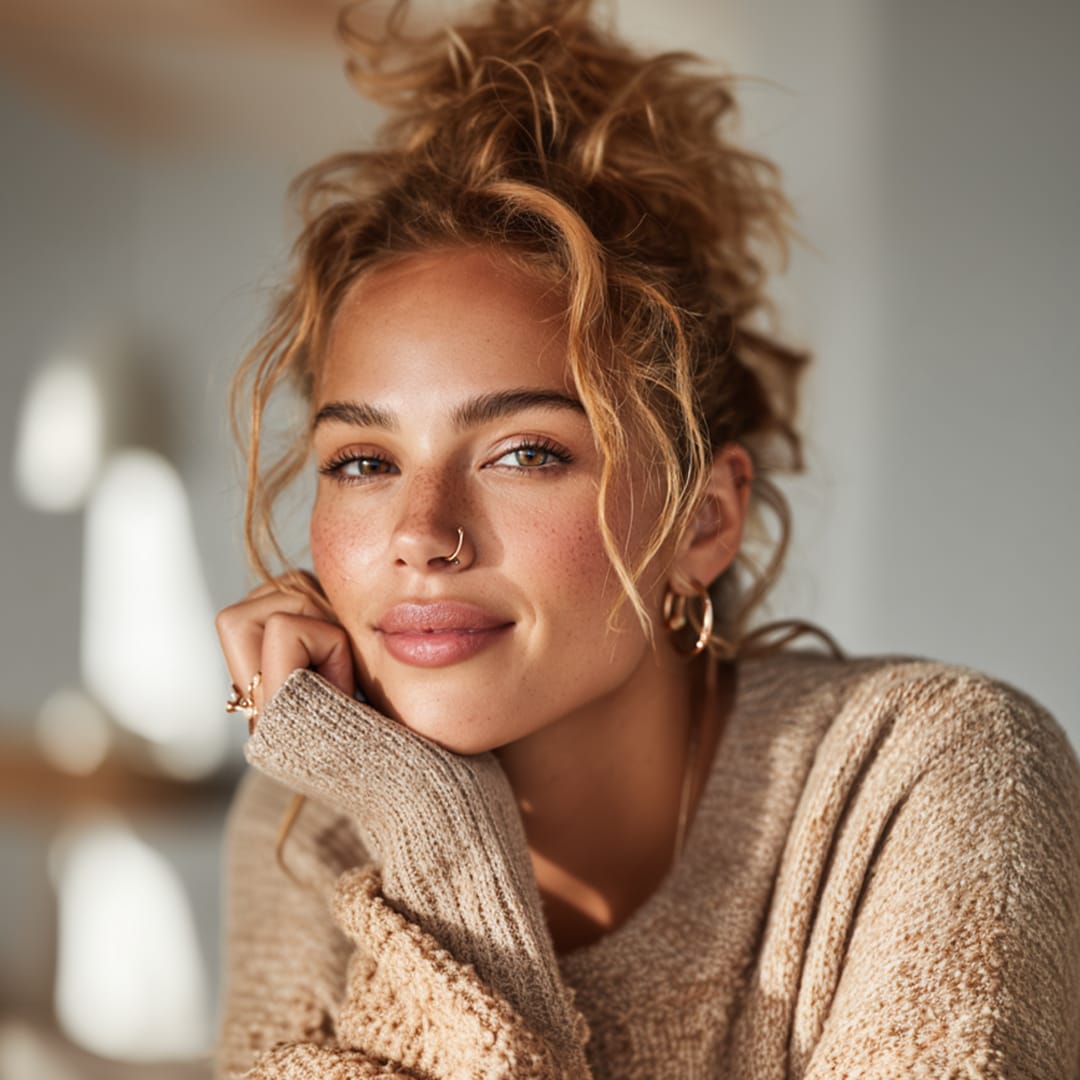 woman rests chin on hand and smiles.
