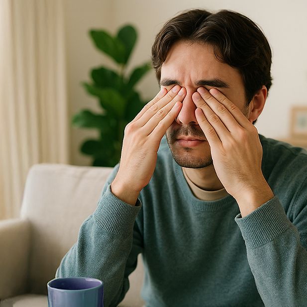 man rubs eyes