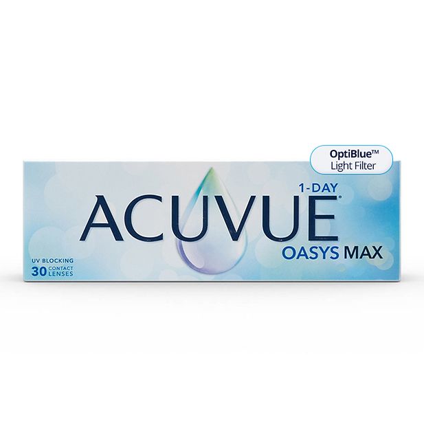 Acuvue Oasys MAX packaging highlighting “OptiBlue Light Filter”