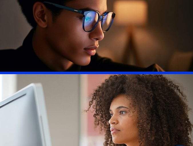 man wearing blue light glasses and woman wearing blue light contact lenses at laptop.