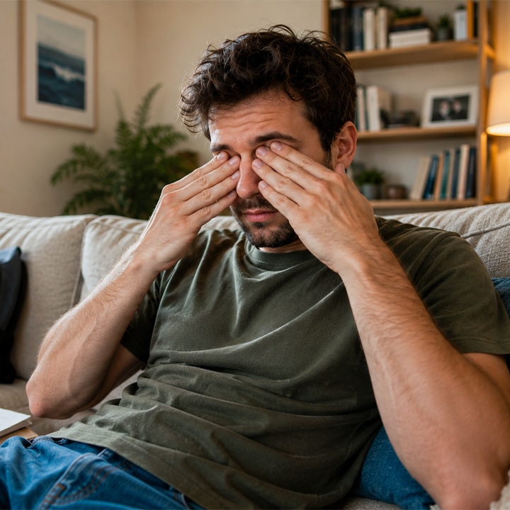 Man rubs his eyes