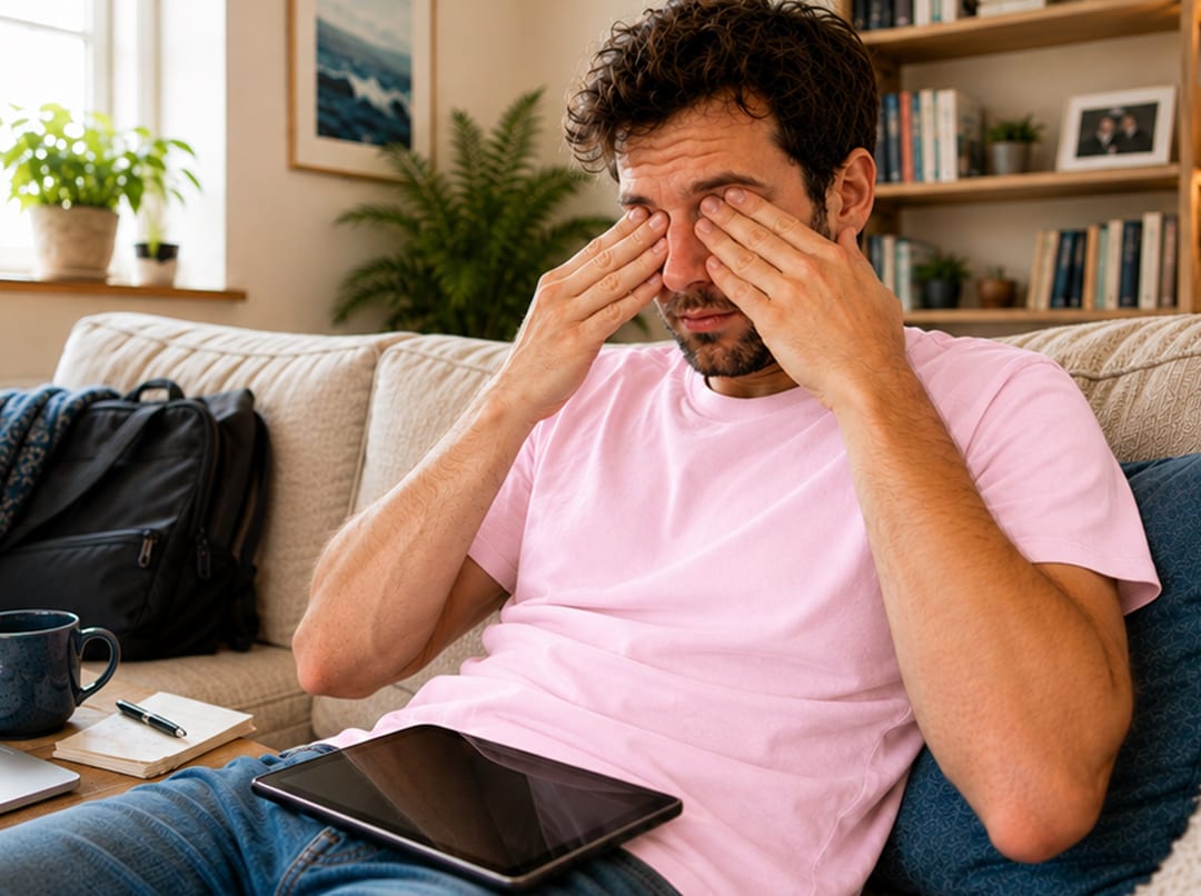 Man on the sofa rubbing his dry, irritated eyes
