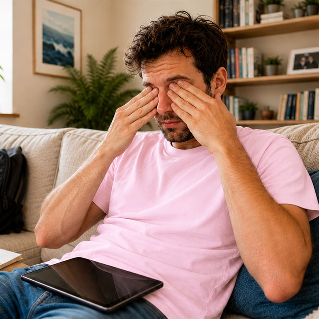 Man on the sofa rubbing his dry, irritated eyes