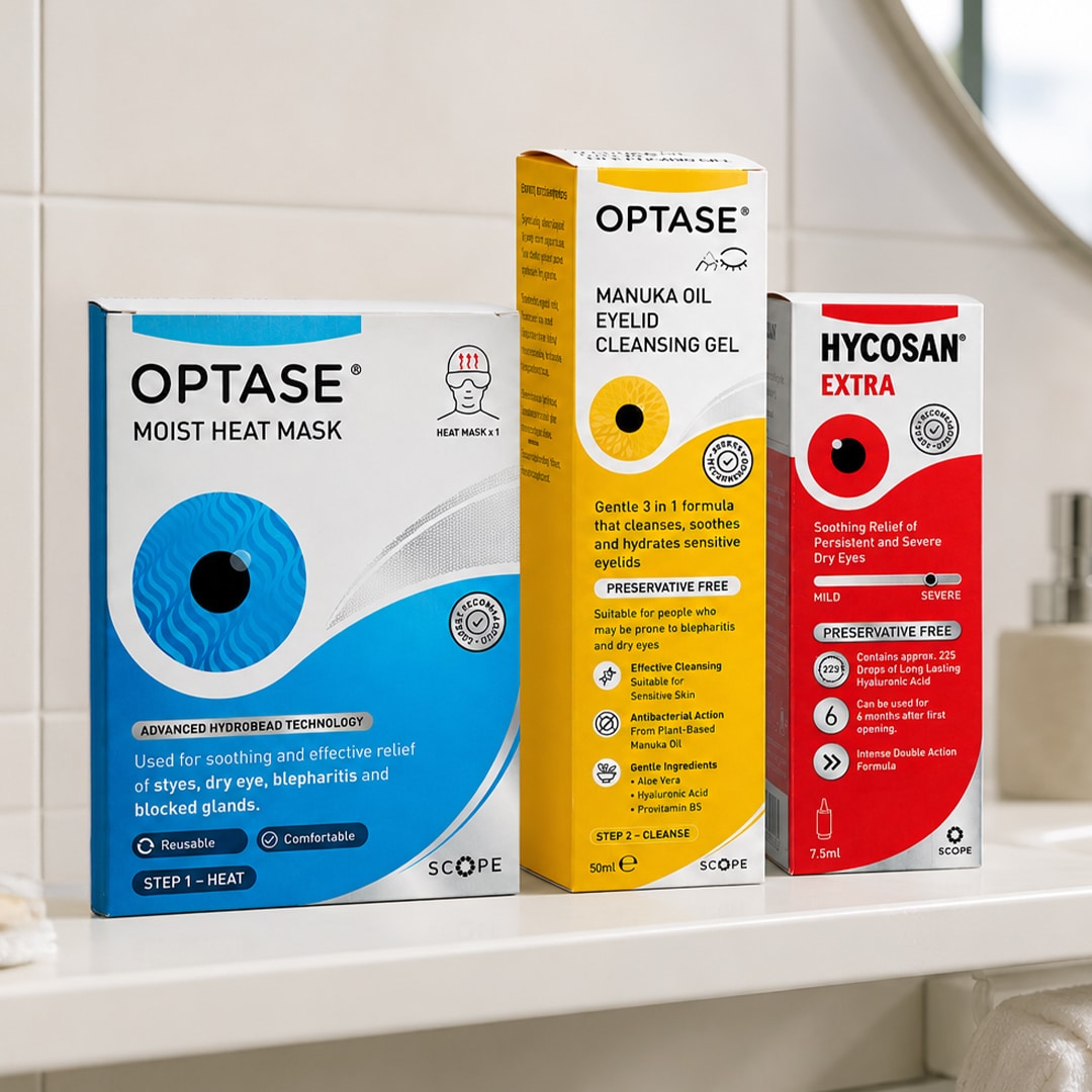 Optase Moist Heat Mask, Optase Manuka Oil Eyelid Cleansing Gel, Hycosan Extra