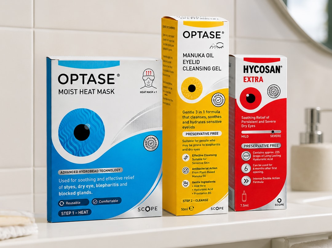 Optase Moist Heat Mask, Optase Manuka Oil Eyelid Cleansing Gel, Hycosan Extra
