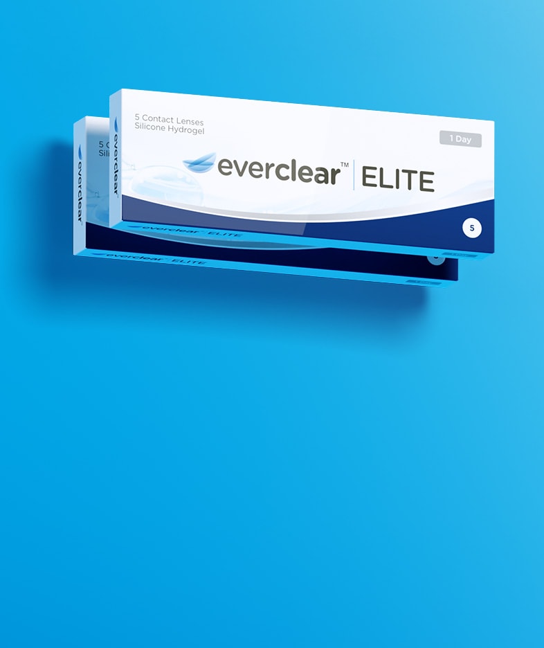 Two boxes of everclear ELITE contact lenses on a blue background